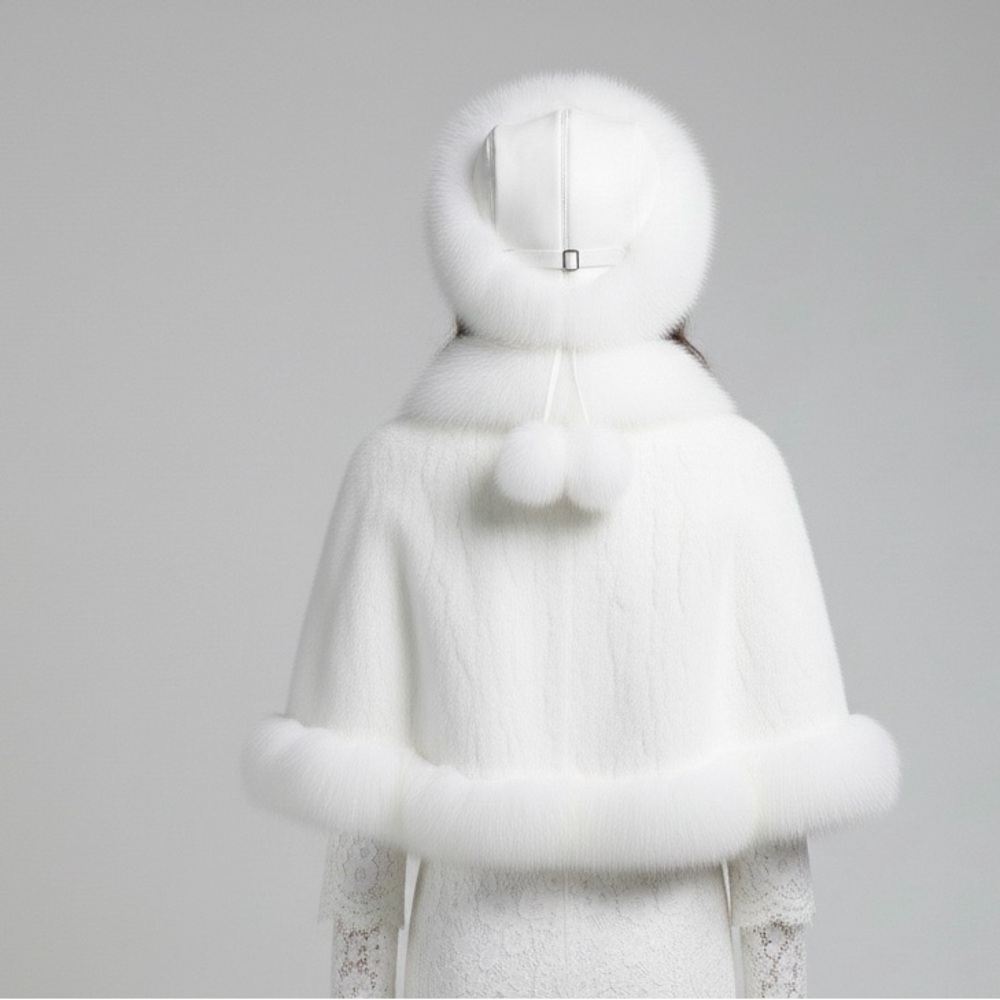 Mink and fox fur collar cape and fur hat set